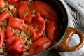 Ready for eat stuffed red peppers with minced meat, rice and vegetables Royalty Free Stock Photo