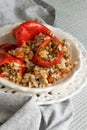 Ready for eat stuffed red peppers with minced meat, rice and vegetables Royalty Free Stock Photo