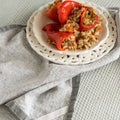 Ready for eat stuffed red peppers with minced meat, rice and vegetables Royalty Free Stock Photo