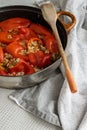 Ready for eat stuffed red peppers with minced meat, rice and vegetables Royalty Free Stock Photo