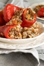 Ready for eat stuffed red peppers with minced meat, rice and vegetables Royalty Free Stock Photo