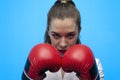 Ready for a fight. Determined business woman wearing boxing gloves. Royalty Free Stock Photo