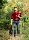 Ready for fishing. fisher hold fish net. hobby. fisherman with fishing rod. man in cowboy hat. western portrait. Vintage Royalty Free Stock Photo