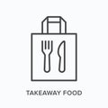 Ready food delivery line icon. Vector outline illustration of takeaway lunch service. Daily meal in papr bag with fork