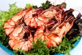 Grilled large fresh prawns served with megetables on blue plate