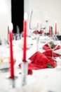 Ready laid restaurant table decorated with wineglass, candle