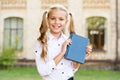 Ready for lessons. Secondary school student. Cute smiling small child hold book. Adorable little girl school student Royalty Free Stock Photo