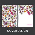 Ready-made cover design for a notebook or notebook. Multicolored birds and insects. Flowers and plants. Anniversary drawing. Vecto Royalty Free Stock Photo