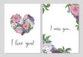 Ready-made design of postcard design I love you, I miss you, Goodbye and Hello. Postcards with roses and peonies.