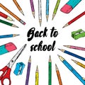 Ready-made design of postcard or poster `Back to school`. Vector illustration with pencils, pens. Multicolored stationery.