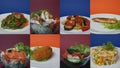 ready-made food in rotating plates on colored backgrounds. Ready meals, cafe bistro. collage, multiscreen