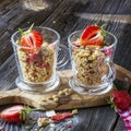 Ready-made granola with dried strawberries and almonds. Healthy breakfast cereal muesli, fresh Royalty Free Stock Photo