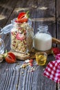 Ready-made granola with dried strawberries and almonds. Healthy breakfast cereal muesli, fresh Royalty Free Stock Photo