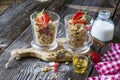 Ready-made granola with dried strawberries and almonds. Healthy breakfast cereal muesli, fresh Royalty Free Stock Photo