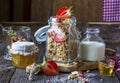 Ready-made granola with dried strawberries and almonds. Healthy breakfast cereal muesli, fresh Royalty Free Stock Photo