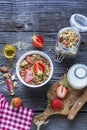 Ready-made granola with dried strawberries and almonds. Healthy breakfast cereal muesli, fresh Royalty Free Stock Photo