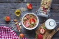 Ready-made granola with dried strawberries and almonds. Healthy breakfast cereal muesli, fresh Royalty Free Stock Photo