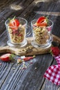 Ready-made granola with dried strawberries and almonds. Healthy breakfast cereal muesli, fresh Royalty Free Stock Photo