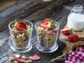 Ready-made granola with dried strawberries and almonds. Healthy breakfast cereal muesli, fresh Royalty Free Stock Photo