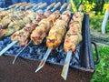 Ready-made grilled kebabs close-up, fried meat. Grilled meat on skewers Royalty Free Stock Photo