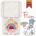 Ready made layout_29_of the packaging box for pizza food design in the style of contour drawing depicting the products used for