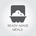 Ready made meals glyph icon. Prepared portion label concept. Plate with food in oven. Cooking black flat sign. Vector