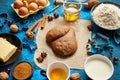 Gingerbread dough placed among various ingredients. Christmas baking concept