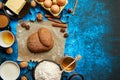 Gingerbread dough placed among various ingredients. Christmas baking concept