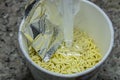 Ready noodles in 3 minutes. A photo was taken in the kitchen, curled and in a plate