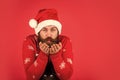 ready for party celebration. new year shopping idea concept. hipster enjoy the holiday. man in santa hat await christmas