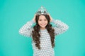 Ready for prom night. Happy child wear prom crown. Prom girl blue background. Coronation party. Holiday celebration