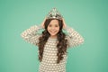 Ready for prom night. Happy child wear prom crown. Prom girl blue background. Coronation party. Holiday celebration