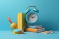 Ready for school concept background with books, alarm clock and accessory. Generative AI