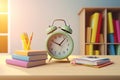 Ready for school concept background with books, alarm clock and accessory. Generative AI