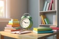 Ready for school concept background with books, alarm clock and accessory. Generative AI