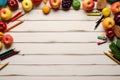 Ready for school, flatlay arrangement, white wooden background, customizable frame