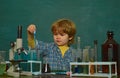 Ready for school. Little children at school lesson. schoolboy. Little kids scientist earning chemistry in school lab Royalty Free Stock Photo