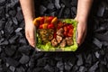 Ready shish kebab. Portion of grilled meat and vegetables in a disposable container in male hands. Royalty Free Stock Photo