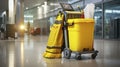 Ready for Sparkle - Yellow mop bucket and set of cleaning equipment in the airport. Generative AI Royalty Free Stock Photo