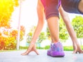 Ready steady go. Closeup of running shoes on grass, Royalty Free Stock Photo