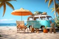 Ready for summer travel. Green van with palm tree and beach accessories at the beach. Summer and holiday