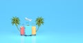 Ready for summer vacation, travel background with copy space. Summer vacation concept with palm tree and suitcases, 3D Render Royalty Free Stock Photo