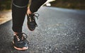 Ready to clock those miles. an unrecognizable woman wearing comfortable running shoes. Royalty Free Stock Photo