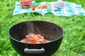 Almost ready to cook embers in a round grill at a picnic on an outdoor patio Royalty Free Stock Photo