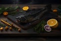 Ready to cook fish on wooden cutting board with oranges, lemons and green leaves, in dark background