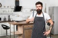 Ready to cut. serious and confident chef in cafe use knife. tasty cuisine. bearded man hipster in kitchen. brutal man in Royalty Free Stock Photo