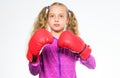 She ready to defend herself. Sport upbringing for girls. Feminist movement. Self defence concept. Girl boxer knows how