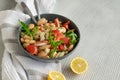 Ready to eat beans salad, healthy protein rich meal with fresh arugula leaves Royalty Free Stock Photo