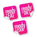 Ready to eat, diet and cook stickers set Royalty Free Stock Photo