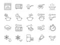 Ready to eat food package line icons. Vector outline illustration with icon - microwave oven, salt shaker, boil, bake